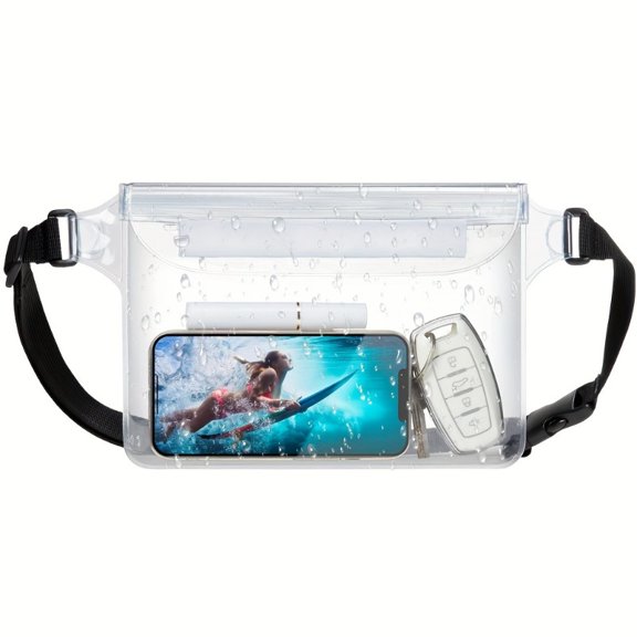 Waist pack with belt and phone pocket, ideal for beach activities. This dry bag protects your phone and valuables while surfing, kayaking, boating, or fishing.