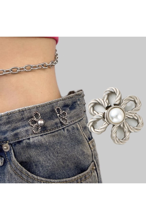 Waistband Adjuster for Jeans, Adjustable Waist Buckle, 1-Pack, Metal Flower Design Button for Waist Tightening Silver
