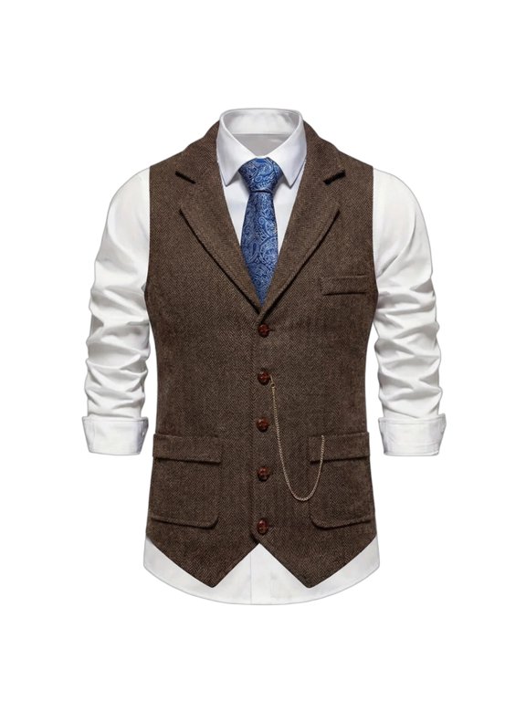 Waistcoat For Men Vintage Classic Suit Vest With Decor Chain Herringbone Pattern Regular Fit Versatile Jacket
