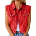 thumbnail image 1 of Waistcoat for Women Country Trendy Sleeveless Tops Casual Elegant Jacket Button Down Denim Vest with Bust Pocket Collared Y2K Jeans Jacket Loose Red XXXXL, 1 of 6
