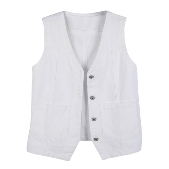 Waistcoat for Women Elegant Jacket Sleeveless Tops Casual V Neck Button Down Denim Vest Y2K Jeans Jacket Loose Country Trendy White S
