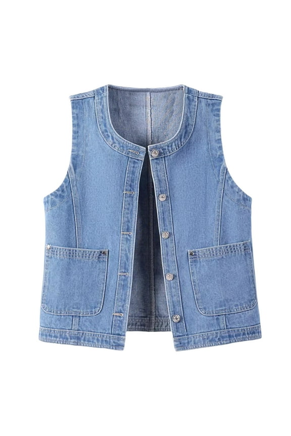 Waistcoat for Women Loose Sleeveless Tops Casual Elegant Jacket Country Trendy Round Neck Button Down Denim Vest Y2K Jeans Jacket Light Blue S