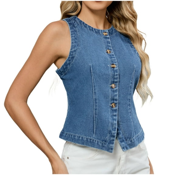 Waistcoat for Women Round Neck Elegant Blouse Y2K Jeans Jacket Button Down Denim Vest Sleeveless Tops Casual Loose Country Trendy Blue XL