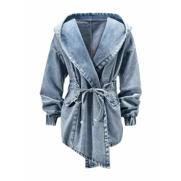 Waisted Denim Windbreaker Long Sleeve Denim Jacket Women Coats Cardigan Mid-Length Cape Autumn Winter Outwear