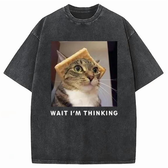 Wait Cat Graphic Tee Vintage Washed T-Shirt Top Casual Short Sleeve Round Neck Shirt Black S-2XL Plus Size