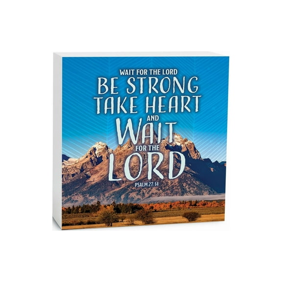 Wait For The Lord Sky Blue Rocky Mountain 5 x 5 Wood Tabletop Sign Plaque