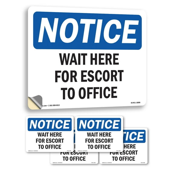 Wait Here For Escort To Office OSHA Notice Vinyl Decal Label 7 Inch x 5 Inch - 5 Pack