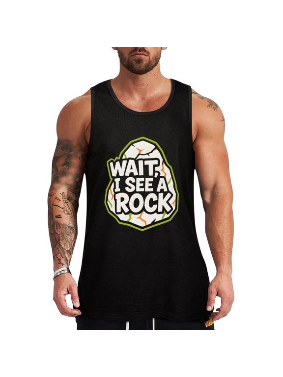 Wait I See A Rock Men's Cotton Tank Top Sleeveless Muscle Shirt for Gym and Casual Wear Large