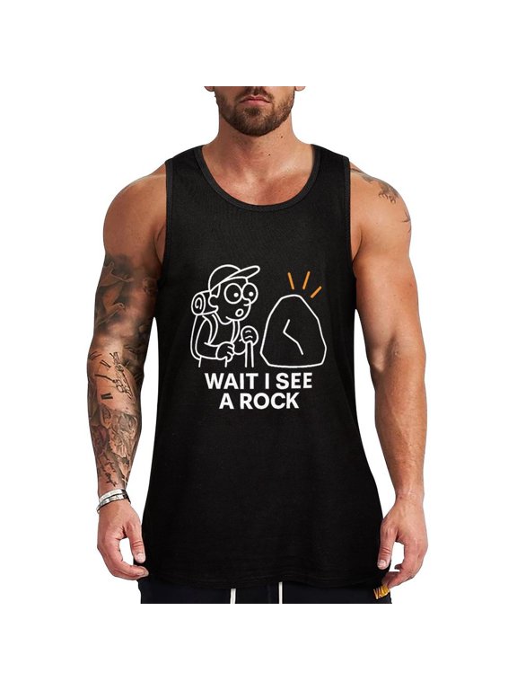 Wait I See A Rock Men's Sleeveless Tank Top Workout Muscle Shirt Casual Cotton Tee 3X-Large