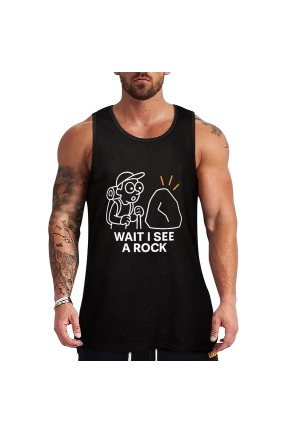 Wait I See A Rock Men's Sleeveless Tank Top Workout Muscle Shirt Casual Cotton Tee 3X-Large