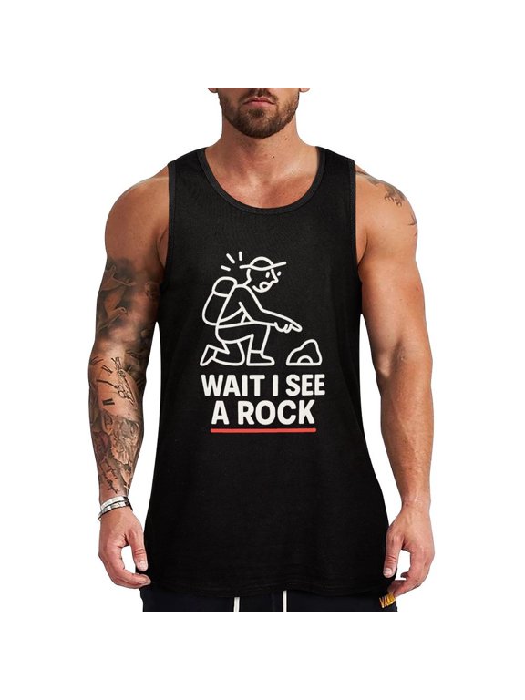 Wait I See A Rock Men's Sleeveless Tank Top Workout Muscle Shirt Casual Cotton Tee X-Large