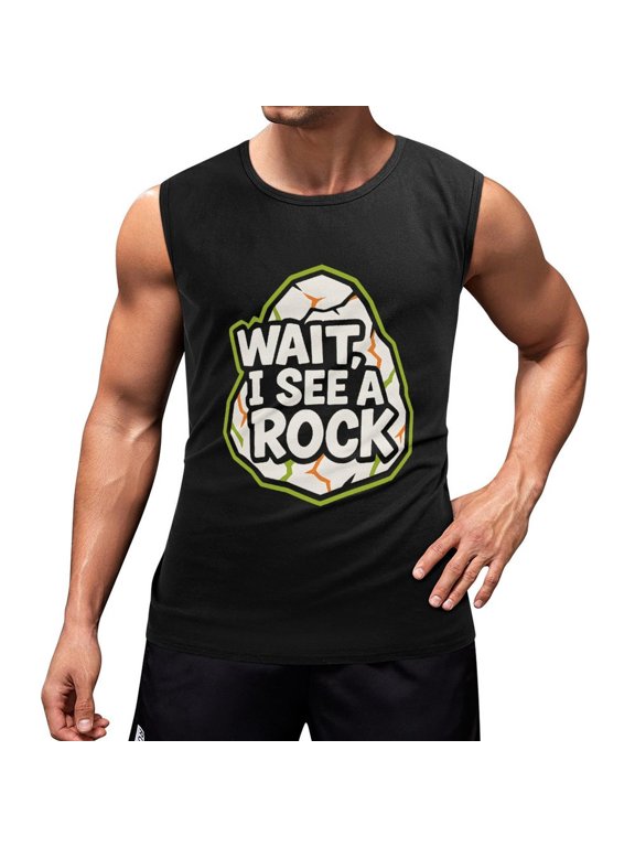 Wait I See A Rock Men's Tank Top Muscle Workout Gym Sleeveless Shirt for Workout, Casual Wear, Walking XX-Large