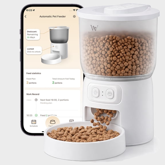 Waithem Wi-Fi Automatic Pet Feeder for Cats&Dogs, Timed Dry Food Dispenser with App Programmable Portion Control, Up to 10 Meals Per Day, Dual Power Supply, 5G/2.4G WLAN, 1 Desiccant Bag Included
