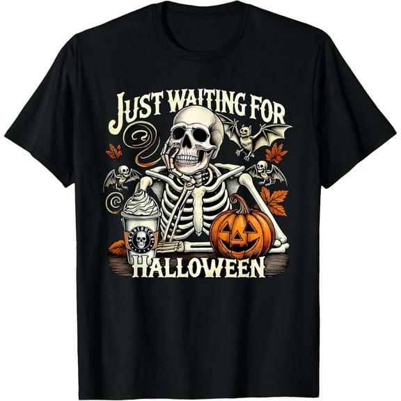Waiting For Halloween Skeleton Coffee Pumpkin Design Unisex T-Shirt