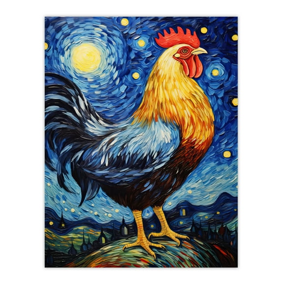 Waiting For The Dawn Rooster Cockerel In Van Gogh Starry Night Style Unframed Wall Art Print Poster Home Decor Premium