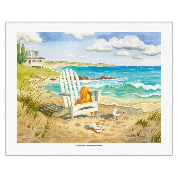 Waiting For You - A Week at the Beach House - Beach Chair Ocean View - From an Original Watercolor Painting by Robin Wethe Altman - Fine Art Rolled Canvas Print 20in x 26in