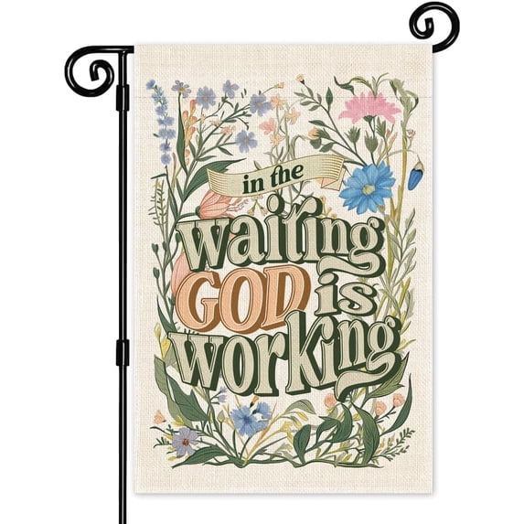 In the Waiting God is Working Floral Garden Flag, Double Sided Yard Outdoor Farmhouse Lawn Porch Decor, Christian Yard Flag, Religious Outdoor Home Decor, Inspirational Bible Saying Flag