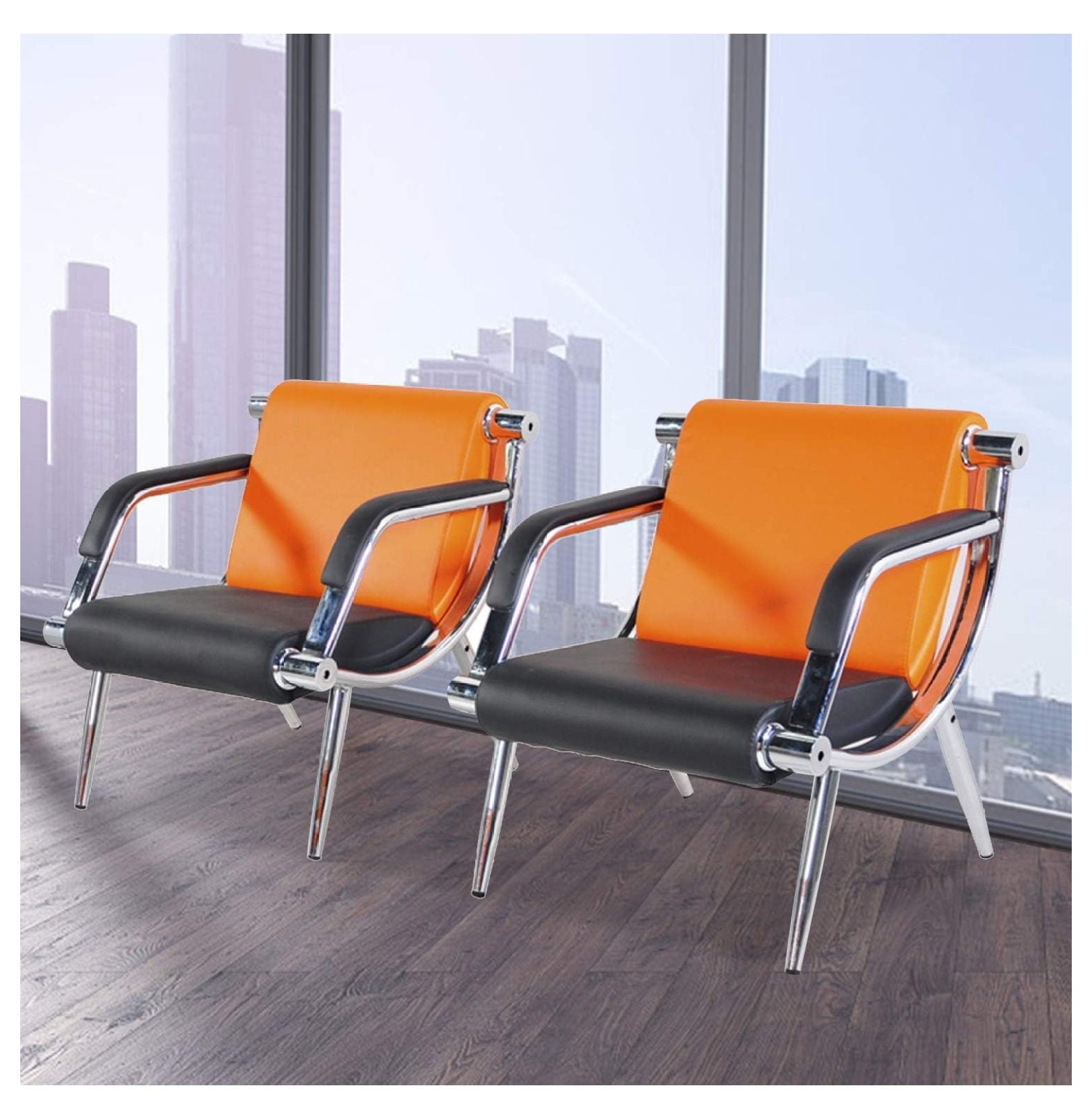 Waiting Room Chair with Armrest 2 Seat Orange Black PU Leather Office