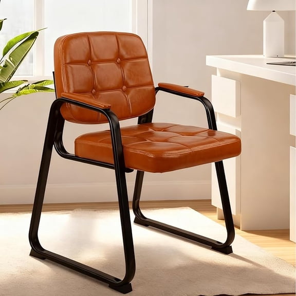 Waiting Room Chairs with Padded Arms Leather Guest Chair no Wheels for Office Reception and Conference Desk with Sled Base Black, 2PK