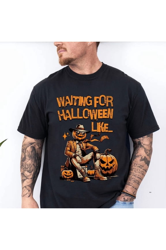 Waiting for Halloween Like Shirt, Pumpkin Head Cool Guy Tee, Funny Fall Halloween Sweatshirt, October Men’s Spooky Shirt,Black Color,Size M