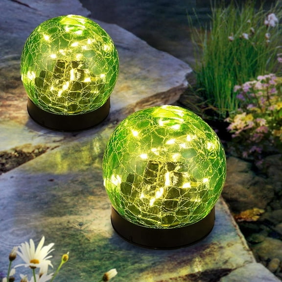 Waitmin Art Deco Solar Garden Lights, Waterproof Green Glass Globes for Patio and Outdoor Decor 2 Pack