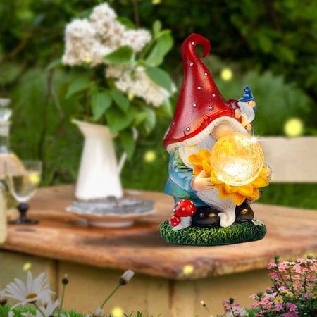 Waitmin Charming Solar Lights Gnome Statues LED Sunflower and Crackled Glass Globe, Ideal for Garden, Patio, Lawn Decor, and Unique Housewarming Gifts