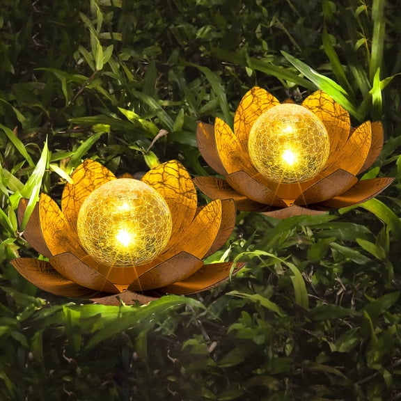 Waitmin Solar LED Waterproof Garden Lotus Lights, Crackle Glass Flower for Patio, Lawn, Walkway Decor 2-Pack