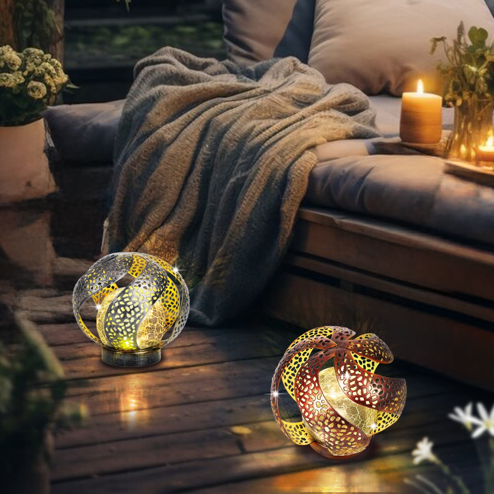 Waitmin Solar Lights Outdoor Garden Decor, Copper Metal Decorative with Crackle Glass Globe, Waterproof LED Lights