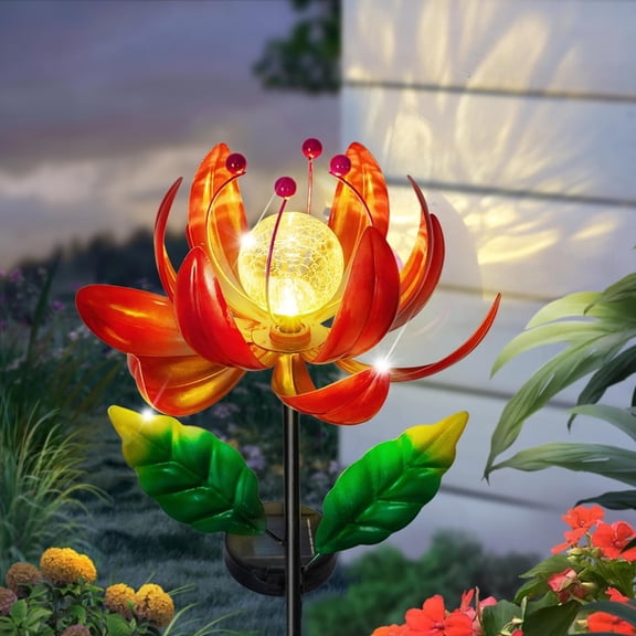 Waitmin Solar Lights Outdoor Wind Spinners, Red Metal Lotus Flower Garden Decor with Waterproof Crackle Glass Globe for Patio Lawn Yard