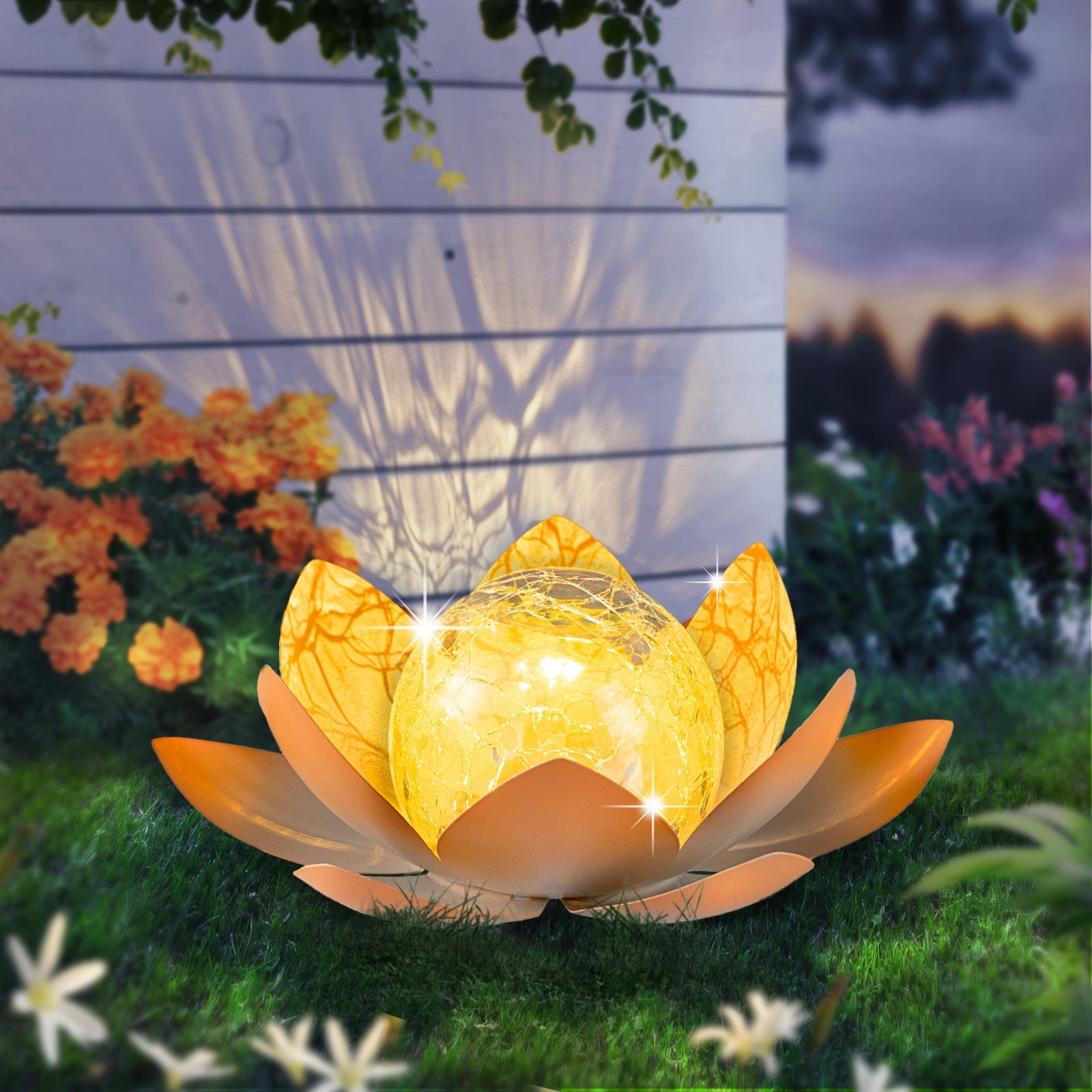 Waitmin Solar Powered LED Garden Light Crackle Glass Pink Lotus