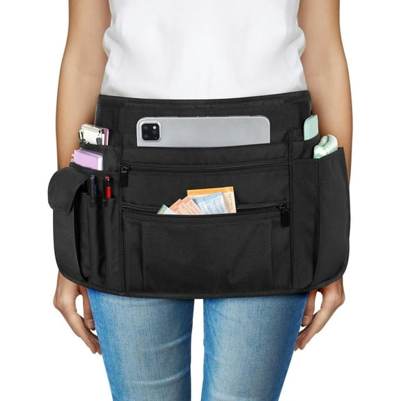 OHDufiry Server Apron with Multiple Pockets, Solid Print Waist Apron for Waitress, Waiter, Black, One Size