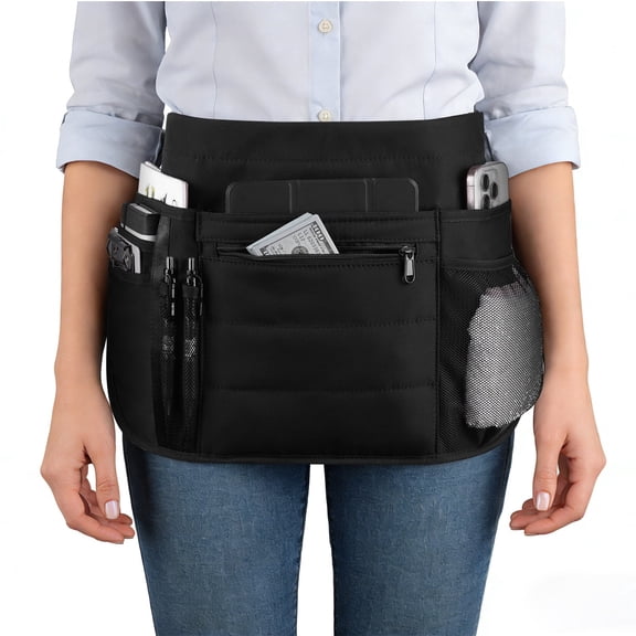 Waitress Server Apron with Multiple Pockets, Oil & Waterproof Waiter Apron for Waiter Waitress, Restaurant, Bistro, Kitchen - Black