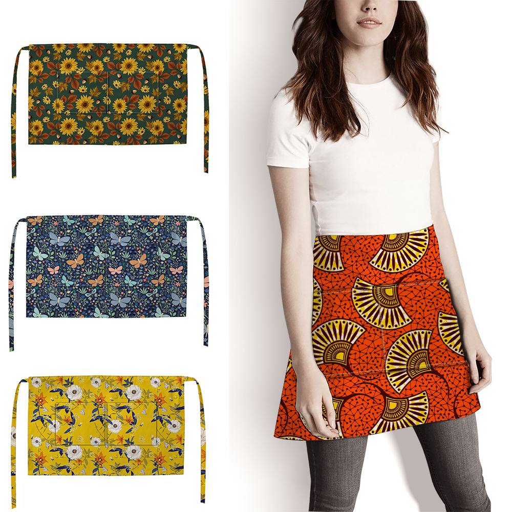 Waitress Waist Apron 2 Pockets Short Waterproof and Stain Resistant Premium Cotton Printed Apron 17 Styles