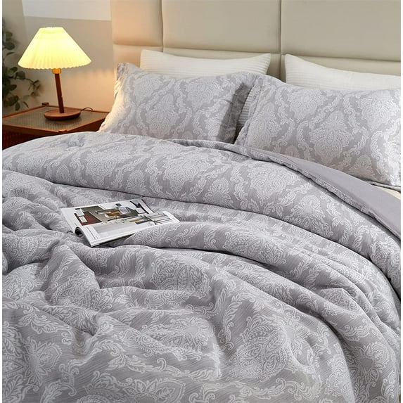 Wajade 3 Piece Comforter Sets Super Soft Vintage Comforer Breathable Lightweight Paisley Bedding Set for All Seasons (Gray, Queen Size)