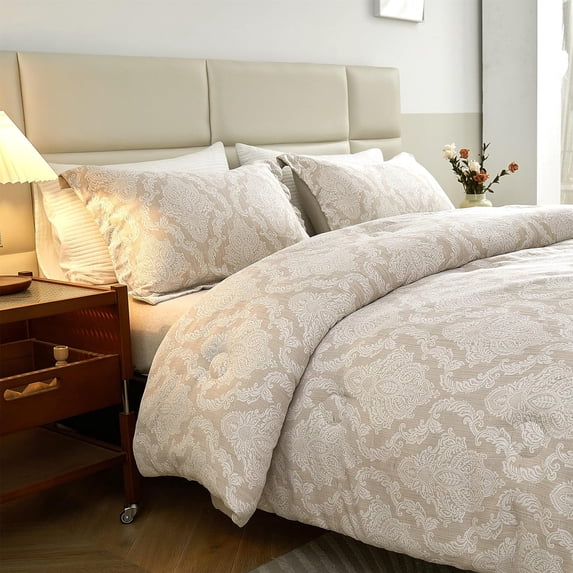 Wajade 3-Piece Paisley Cotton Gauze Bedding Set Beige Comforter Sets, Queen