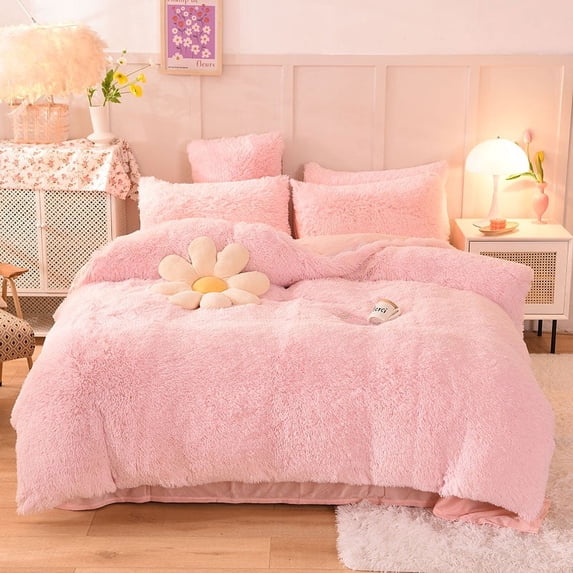 Wajade 3-Piece Light Pink Plush Shaggy Duvet Cover Set, Full Size