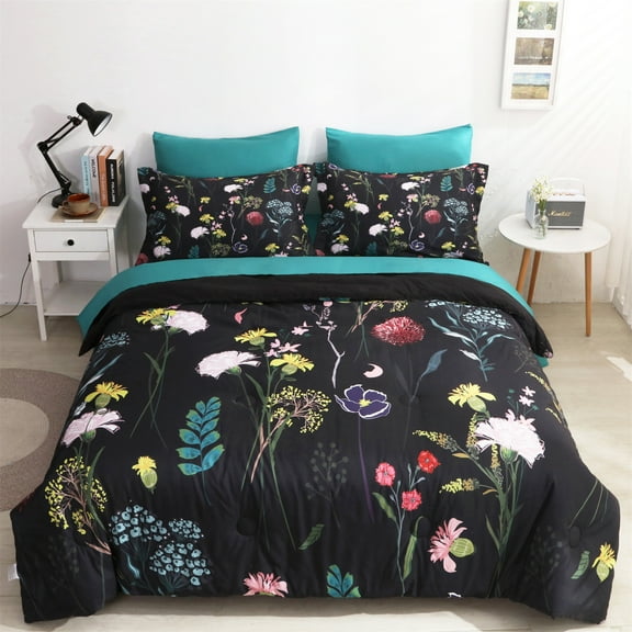 Wajade 7 Piece Colorful Floral Comforter Bedding Set, Queen