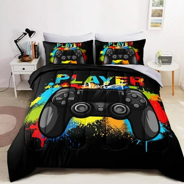Wajade 7 Piece Gaming Boys Comforter Set Bed in A Bag, Game Controller Bedding Set for All Season (1 Comforter, 1 Flat Sheet, 1 Fitted Sheet, 2 Pillowcase and 2 Pillow Sham, Twin Size)