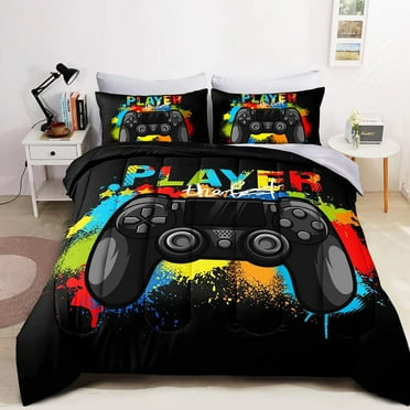Wajade 7 Piece Gaming Boys Comforter Set Bed in A Bag, Game Controller Bedding Set for All Season (1 Comforter, 1 Flat Sheet, 1 Fitted Sheet, 2 Pillowcase and 2 Pillow Sham, Twin Size)