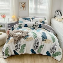 Wajade 7-Piece Green Tropical Leaf Grid Comforter Bedding Sets, Queen