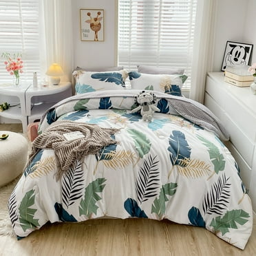 Wajade 7-Piece Green Tropical Leaf Grid Comforter Bedding Sets, Queen