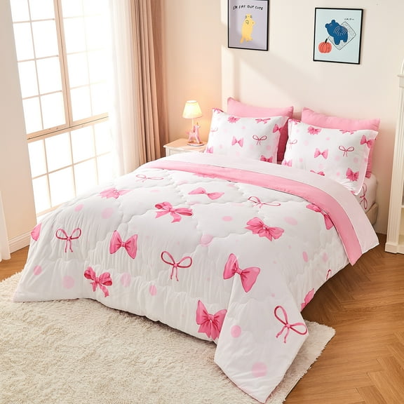 Wajade Pink Bow Bedding Set for Girls Kids 7 Piece Comforter, Full Size