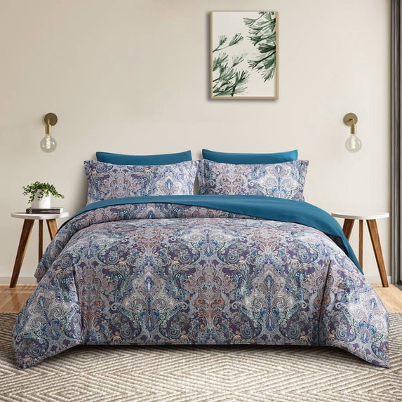 Wajade 7PCS Boho Paisley Print Luxury Comforter Bed in a Bag Set Queen