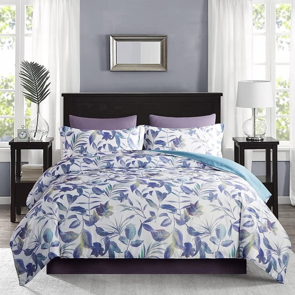 Wajade 7PCS Floral Boho Comforter Set Bed in A Bag King Size, Luxury Shabby Chic Leaves Print Paisley Bedding Collection with Comforter, Sheet, Pillowcase and Sham