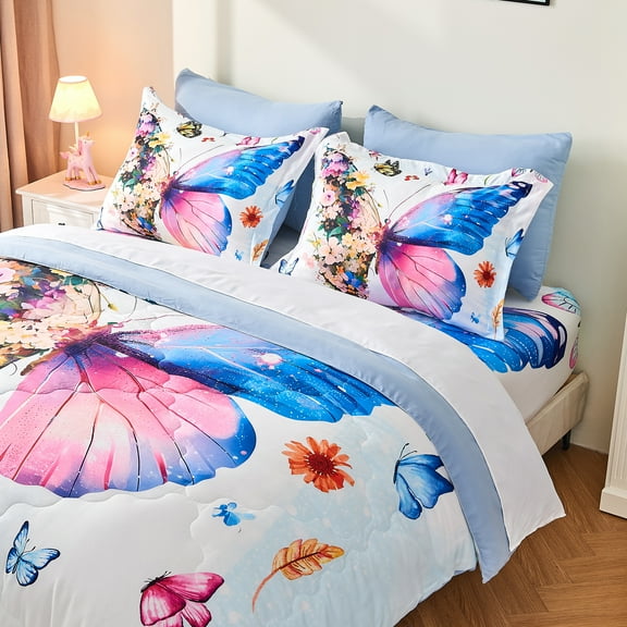Wajade Floral Butterfly Comforter Set for Girls Kids 7 Pieces Blue Bedding, Twin Size
