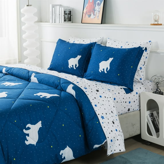 Wajade Boys Polar Bear Comforter Set Full Size 7 Piece Galaxy Stars Bedding Set for Kids Teens Bed in A Bag Super Soft All Season