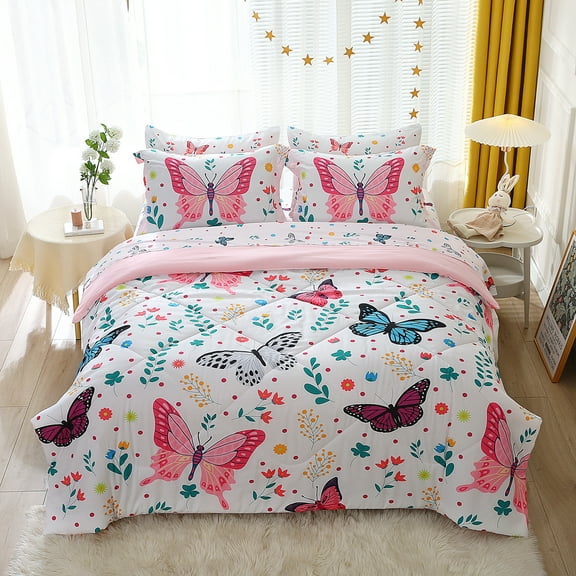 Wajade Butterfly Full Size Comforter Set for Girls Kids Adult Bedding Sets for Girls 7 Pieces Bed in a Bag Colorful Butterflies Flower Leaves Bedding Set