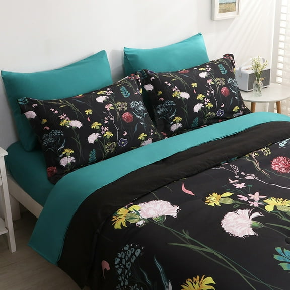 Wajade Colorful Floral Comforter Set 7 Piece Bed in a Bag Black Comforter Sets (1 Comforter, 2 Pillow Shams, 1 Flat Sheet, 1 Fitted Sheet, 2 Pillowcases, King Size)