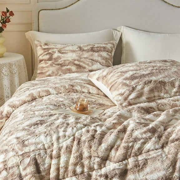Wajade Faux Fur Comforter Set Full Size, 3 Pieces Ultra Soft Marbled Beige Fluffy Comforter Set Marble Print Furry Bedding Set for All Seasons, 1 Plush Comforter Set+2 Pillow Covers