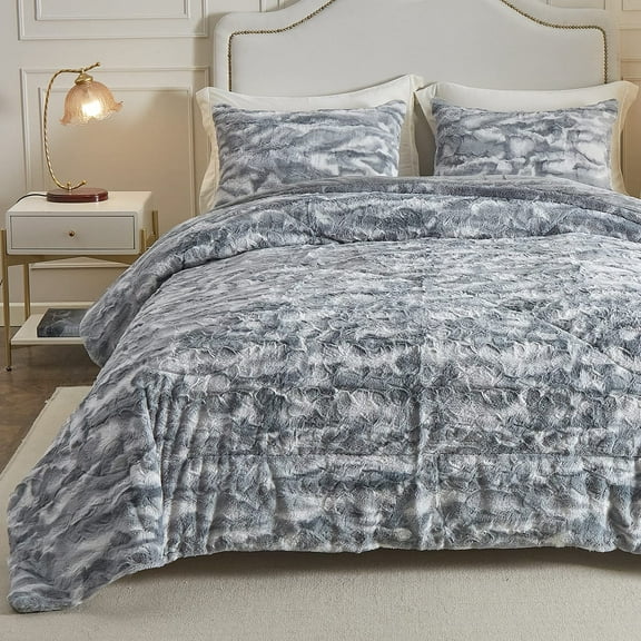 Wajade Faux Fur Comforter Set Full Size, 3 Pieces Ultra Soft Marbled Blue Gray Fluffy Comforter Set Marble Print Furry Bedding Set for All Seasons, 1 Plush Comforter Set+2 Pillow Covers